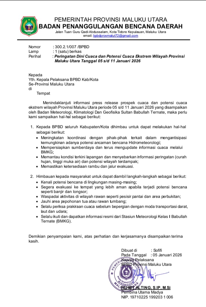 Waspada Cuaca Ekstrim, Surat Edaran Pemerintah BPBD Malut